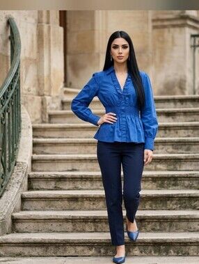 Worthington Royal Blue Blouse with Ruffle Neckline And Smocked Waist Sise XL